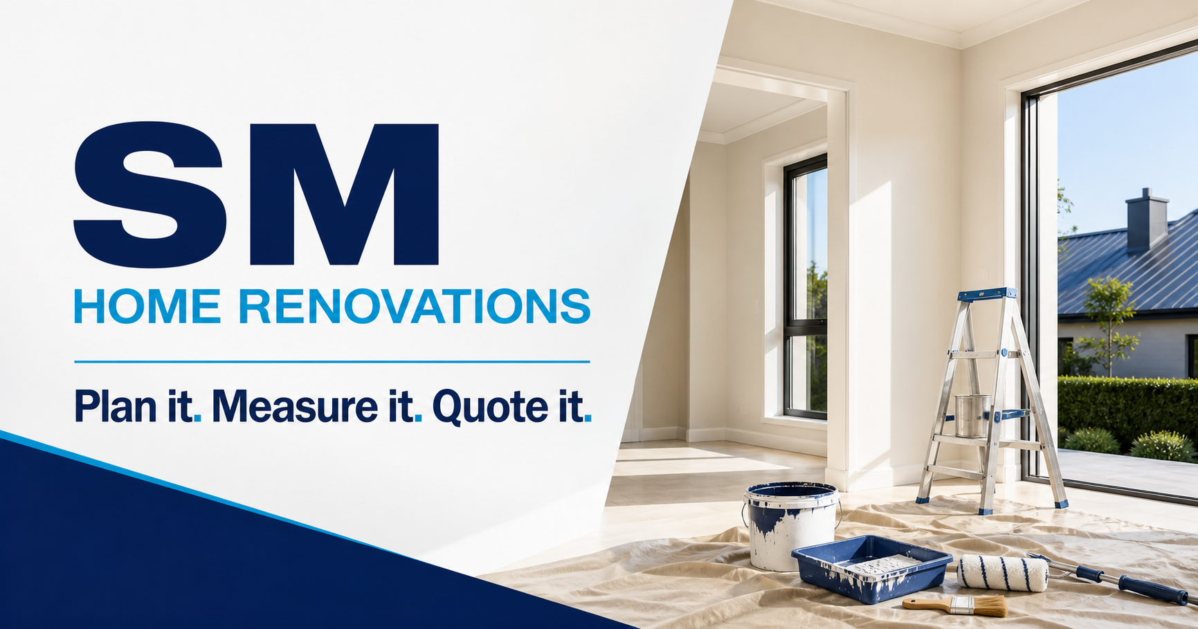 Painting ladder, paint and decorating equipment in a modern interior